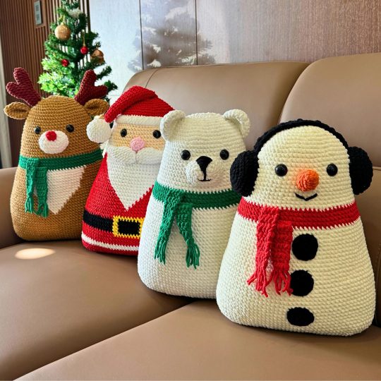 Christmas Pillows Crochet Pattern Set: Santa, Snowman, Reindeer, Bear (PDF)