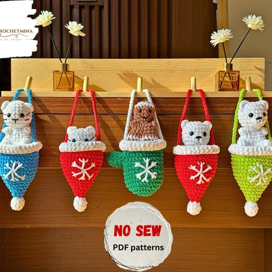 Christmas Crochet Ornament Pattern Bundle: Pop-Up Gingerbread, Bear, Kitty (PDF Download)