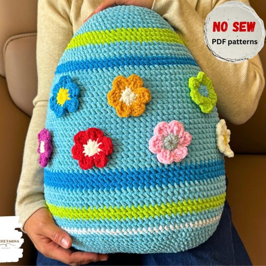 Easter Crochet Pattern: Egg Pillow with 3D Flowers - No Sew Amigurumi PDF, Instant Download