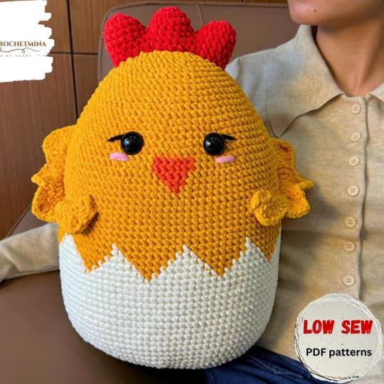 Easter Crochet Pattern: Chicken Egg Pillow Low Sew Amigurumi - Hatching Chick PDF - Instant Download