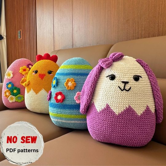 Easter Crochet Pattern Bundle: 4-in-1 Bunny, Chick, Flower Egg Pillows (No Sew PDF)