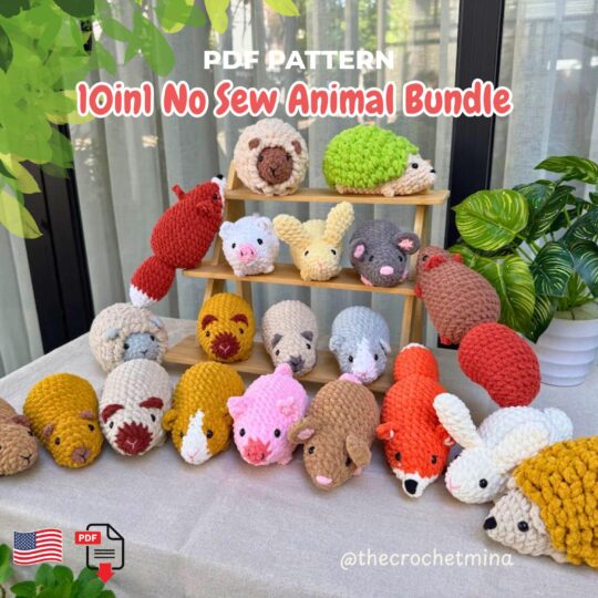 No Sew Amigurumi Animal Crochet Pattern Bundle: 10 in 1 Chubby Kawaii Plushies PDF Easy