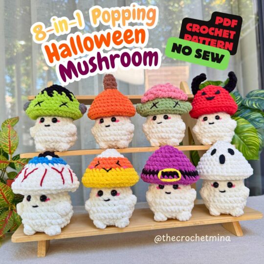 No Sew Halloween Mushroom Crochet Pattern Bundle: 8 in 1 Kawaii Popping Amigurumi PDF Easy